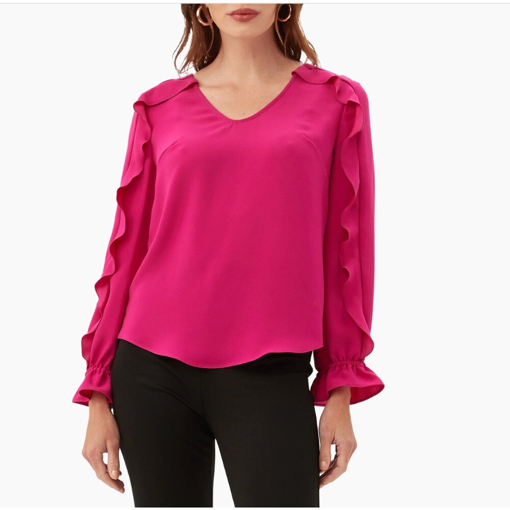 Trina Turk Owl Ruffled Long-Sleeve Blouse Small NWT Fuschia Spring Bright
